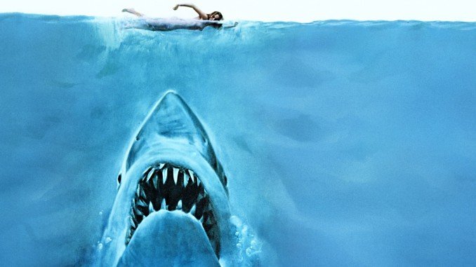 The classic poster image from the first release of the film Jaws.