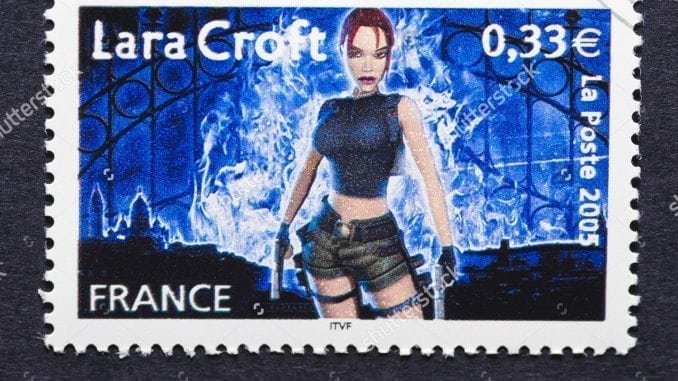 stock-photo-france-circa-a-postage-stamp-printed-in-france-showing-an-image-of-lara-croft-a-character-118610197
