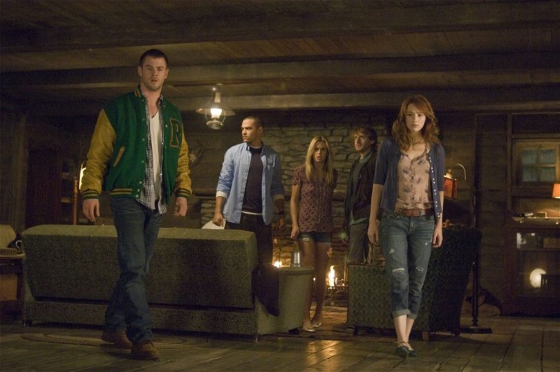 From left to right: Curt (Chris Hemsworth), Holden (Jesse Williams), Jules (Anna Hutchison), Marty (Fran Kranz) and Dana (Kristen Connolly) in THE CABIN IN THE WOODS.