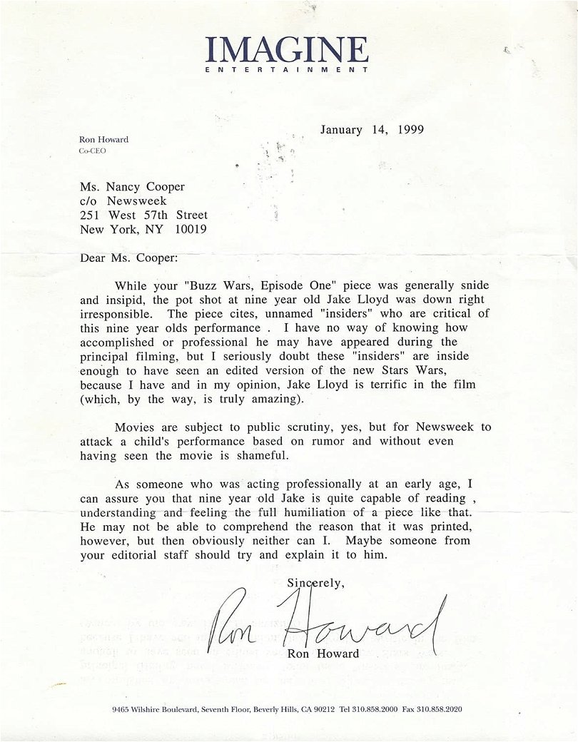 Ron Howards brev från 1999 till tidningen Newsweek.