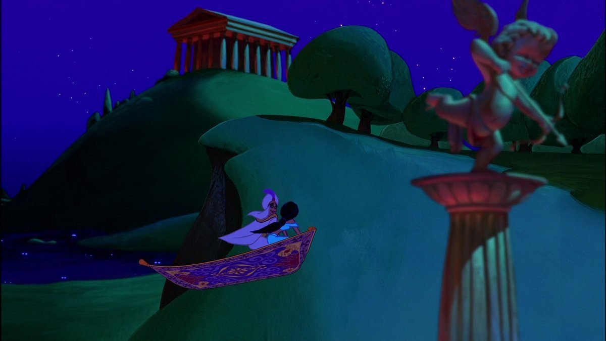 Aladdin och Jasmin flyger förbi Zeus tempel på sin flygande matta. Disneys bästa filmer.