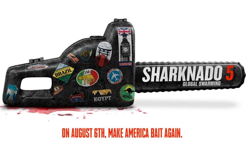 En motosåg med titeln Sharknado 5 på och taglinen”Make America Bait Again”