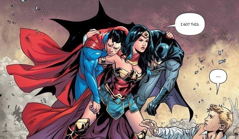 En animerad bild av Wonder Woman som bär både Batman och Superman på sina axlar. 