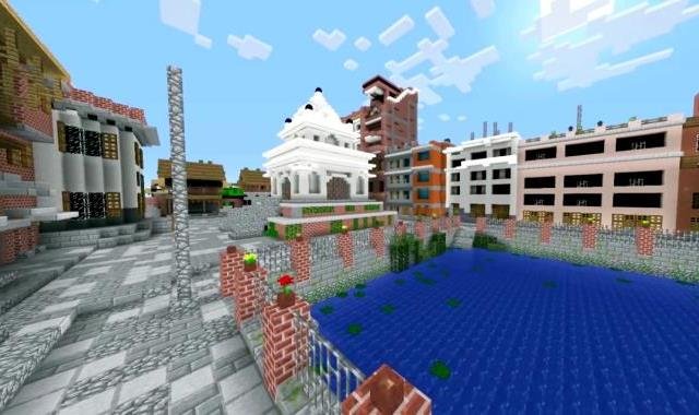 Ett vattendrag och byggnader. Allt uppbyggt i spelet Minecraft