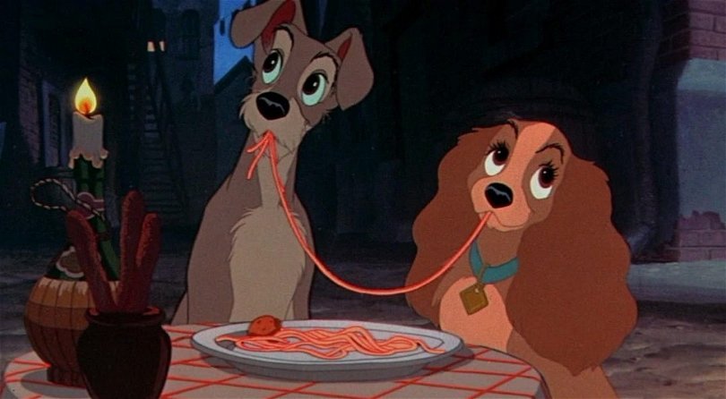 Från filmen Lady och Lufsen. Hundarna delar på en portion spagetti. 