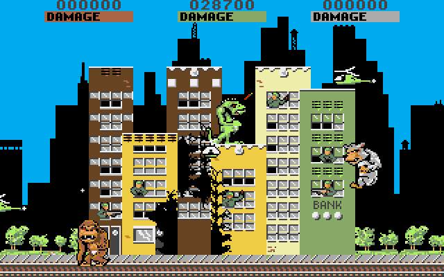 Bild från TV-spelet Rampage där tre monster slåss i en pixlig stad.
