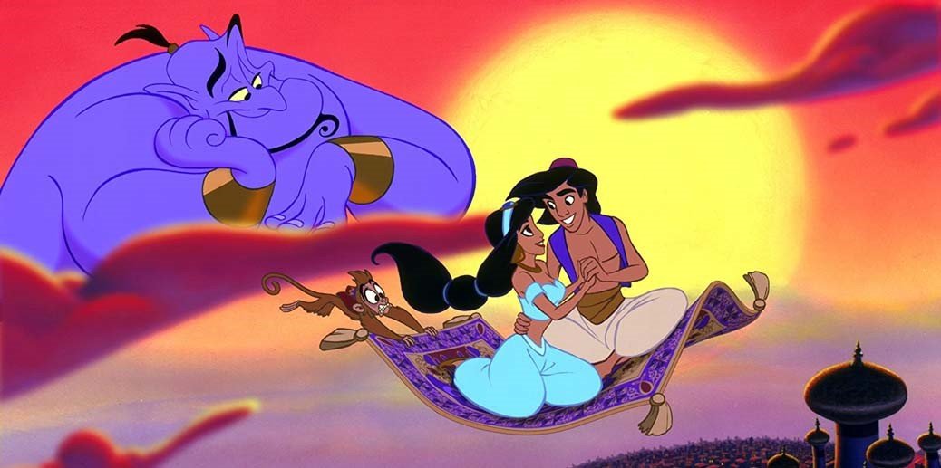 Aladdin och Jasmine flyger fram i solnedgången.