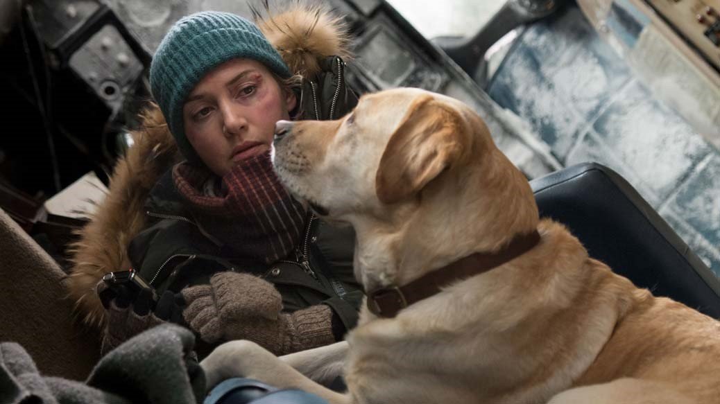 Kate Winslet och hunden Bailay i The Mountain Between 