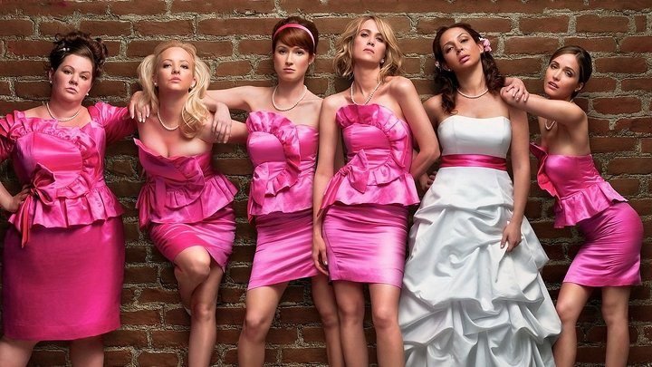 Melissa McCarthy, Wendi McLendon-Covey, Ellie Kemper, Kristen Wiig, Maya Rudolph och Rose Byrne i Bridesmaids.