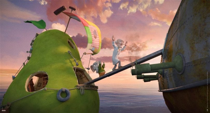 Från den animerade barnfilmen Den otroliga historien om det jättestora päronet. Ett stort flytande päron ligger bredvid ett piratskepp med en landgång emellan. 