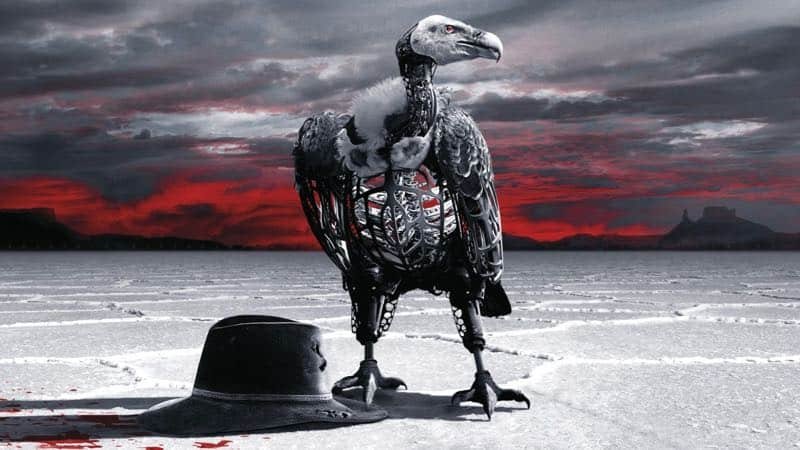 Gam och svart hatt mot öde fält, affisch till Westworld säsong 2