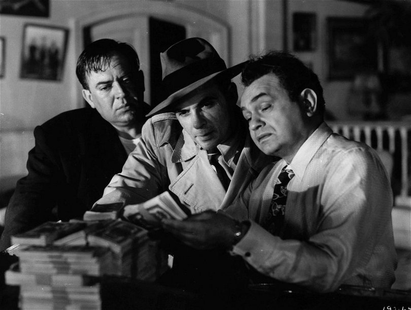 Edward G. Robinson, Thomas Gomez, och Marc Lawrence i "Key Largo".