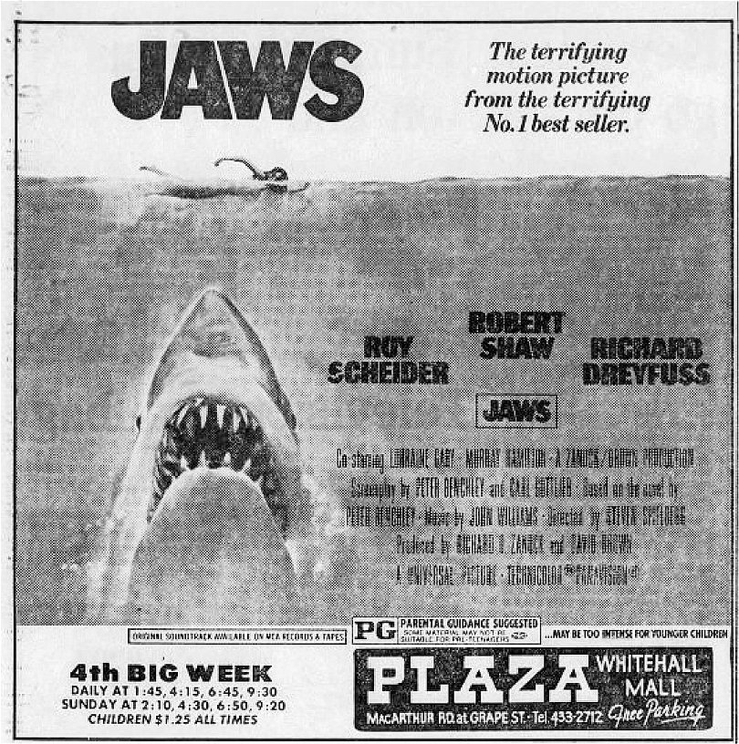 Urklipp från en tidning i Allentown i Philadelphia när Hajen rullade på biograferna sommaren 1975. Foto: Wikimedia Commons.