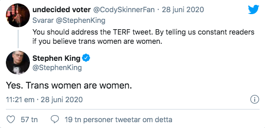 Stephen Kings kommentar på Twitter. 