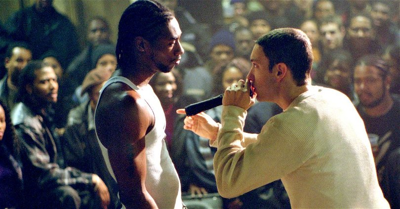 Två rappare på scen i så kallad rap battle
