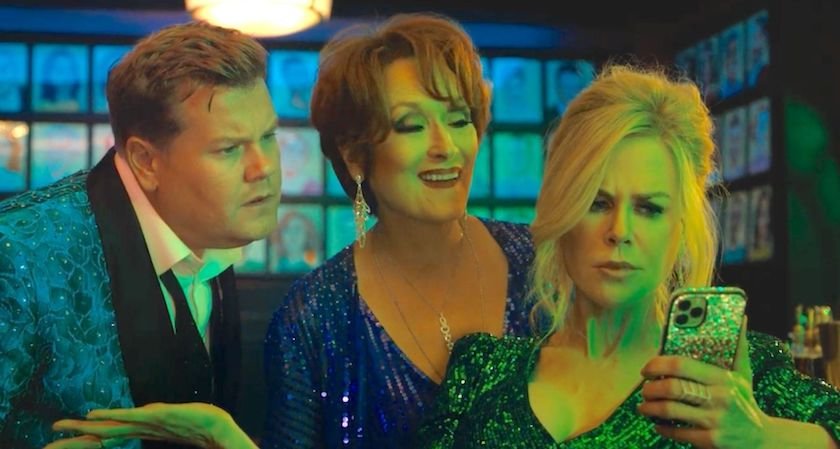 James Corden, Meryl Streep och Nicole Kidman i The Prom. Foto: Netflix.