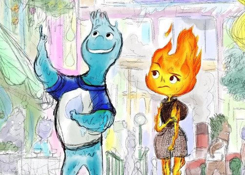 Konceptskiss på vattenvarelsen Wade och eldvarelsen Ember i Pixars nya film "Elemental."